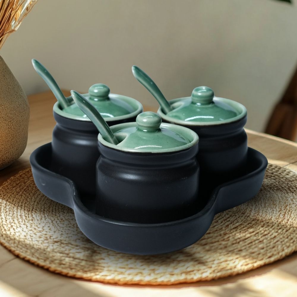 black ceramic spice jar set of 3 with tray for storing and serving spices condiments and seasonings